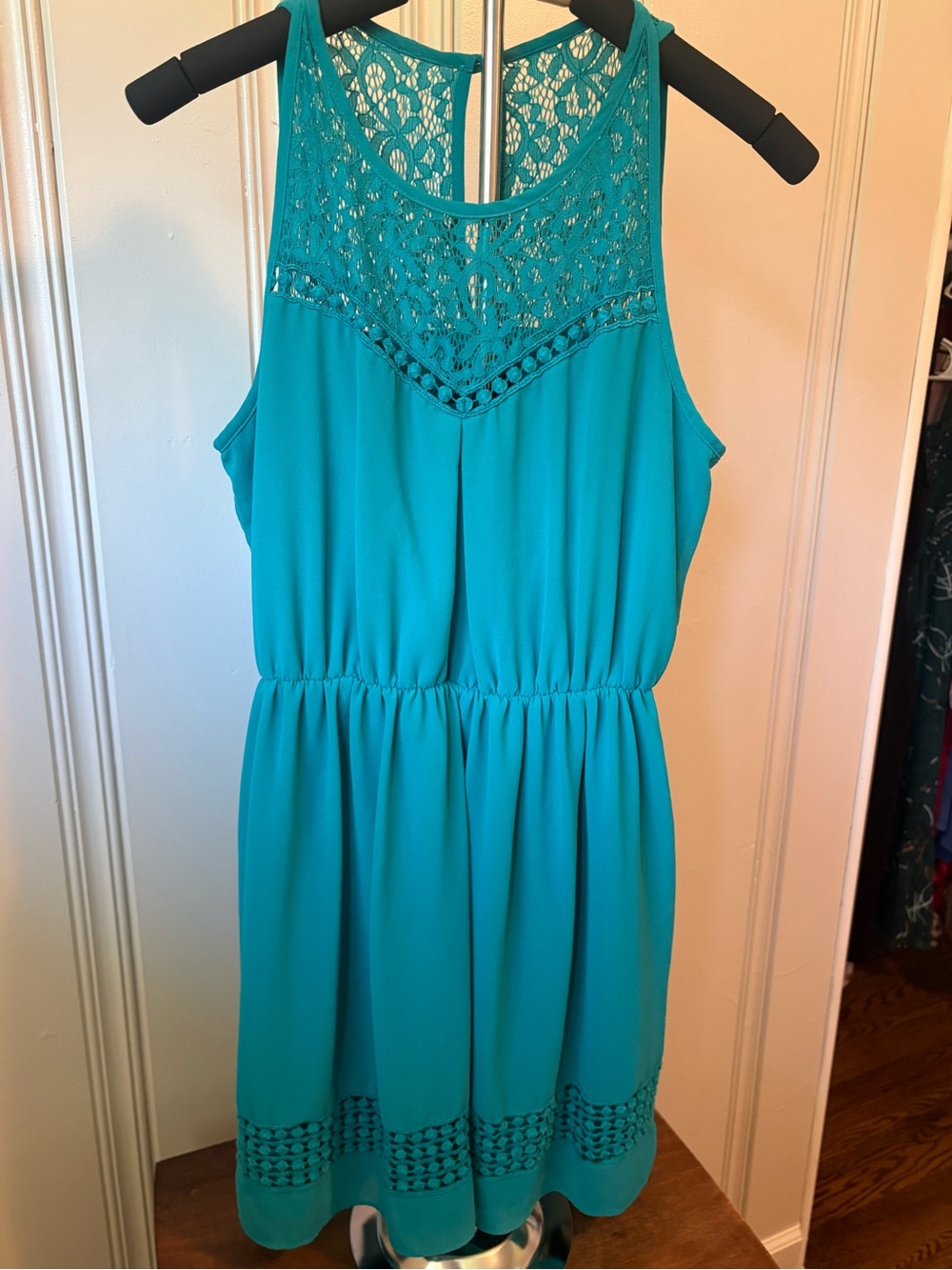 Iz Byer Teal Crochet Yoke Sleeveless Mini Dress